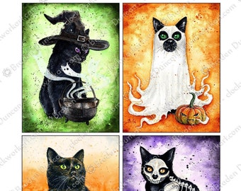 Vintage Halloween-kittens 11 x 14 print - Fine Art aquarel zwarte kat print