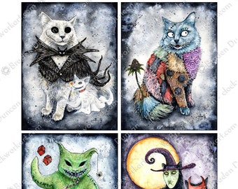 Nightmeow Before Hiss-tmas Kittens 11x14 Print - Fine Art Watercolour Halloween Cats