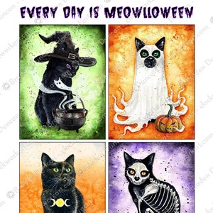 Vintage Halloweeny Kittens 11x14 Print - Fine Art Watercolour Black Cat Print