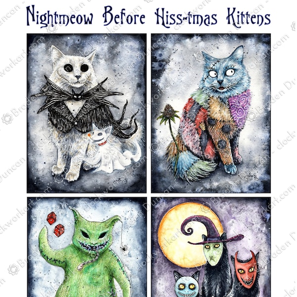 Nightmeow Before Hiss-tmas Kittens 11 x 14 print - Fine Art aquarel Halloween katten