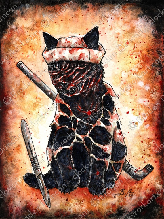 Dark Nurr-hiss Fine Art Watercolour Horror Movie Black Cat Print - Main Image