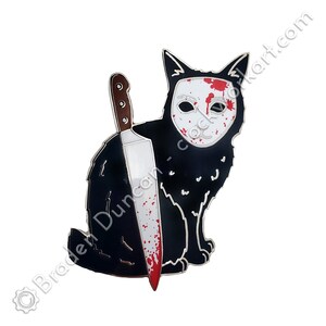 May include: Black cat with a white mask and red blood splatters on it. The cat is holding a bloody knife behind its back.