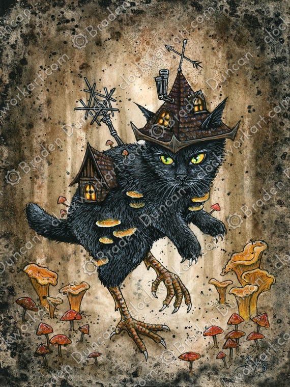 Baba Meowga: Fine Art Watercolour Black Cat Folklore Baba yaga Print