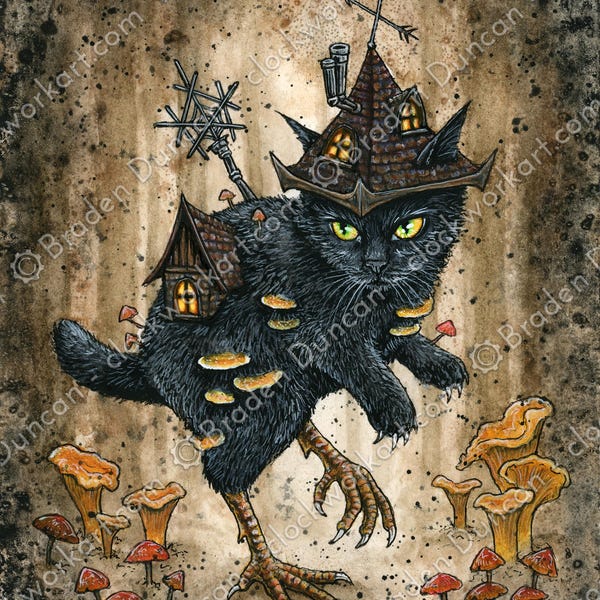 Baba Meowga: Bellas Artes Acuarela Gato Negro Folklore Baba Yaga Impresión