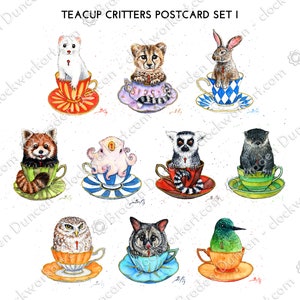 Tarjetas postales de animales en forma de taza de té: tarjetas victorianas steampunk con motivos de vida salvaje