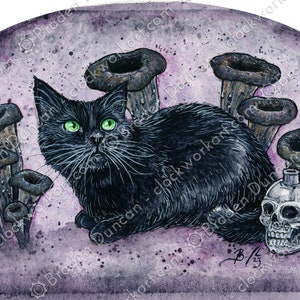 Fatal Fungi Feline: Trumpets of Death - Watercolour Wicca Magic Black Cat Mushroom Print
