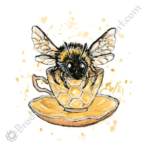 Teacup Bumble Bee - Wildlife Victorian Steampunk Watercolour Print