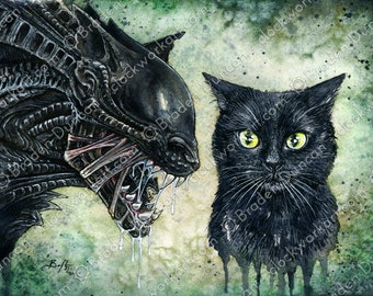 Proximity Warning - Fine Art Watercolour Horror Black Cat Print