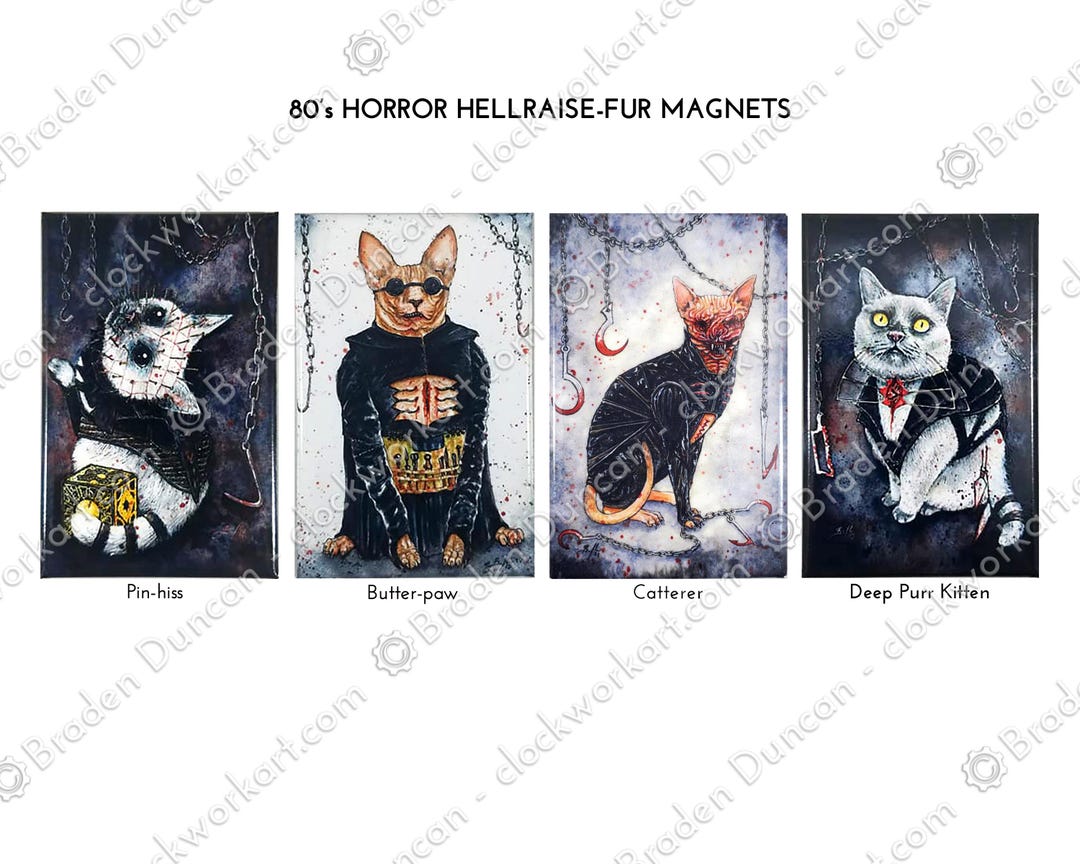 80年代ホラー ヘルレイズファーモンスター子猫マグネット：水彩画 黒猫