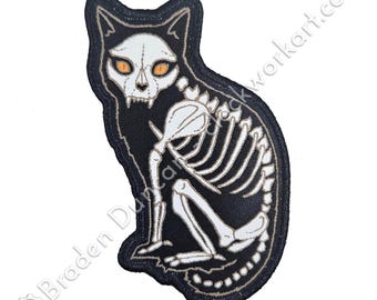 Skelekitten Iron On Woven Patch: Watercolour Horror Halloween Black Cat Skeleton