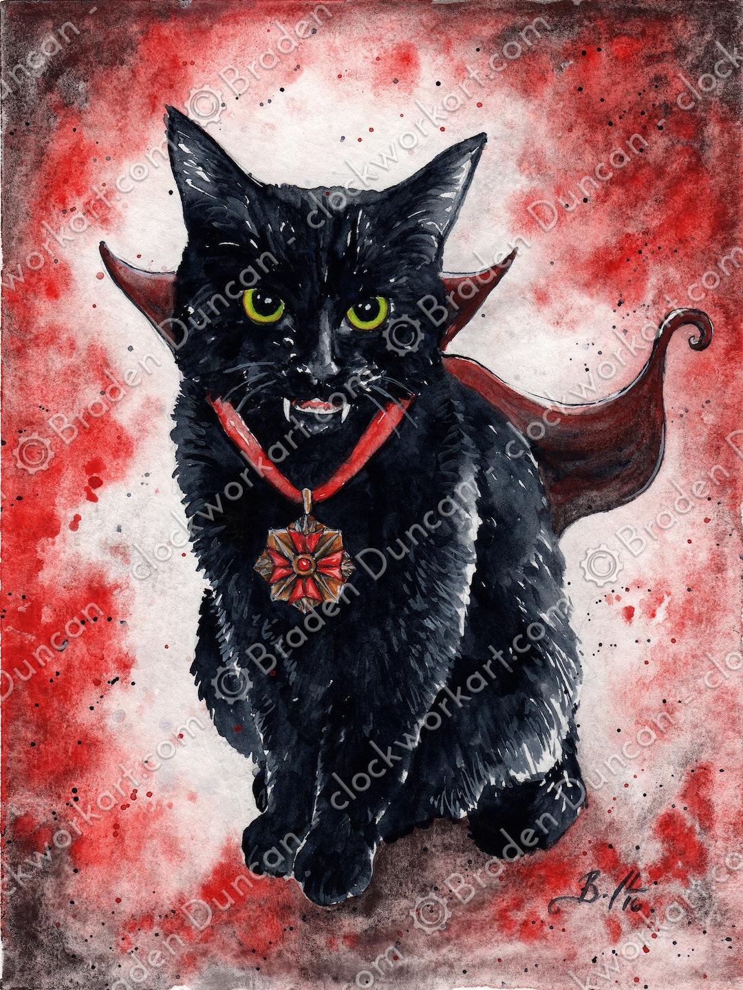 The Black Cat And The Vampire Vampire Kitten: Fine Art Watercolour Black Cat Print - Etsy