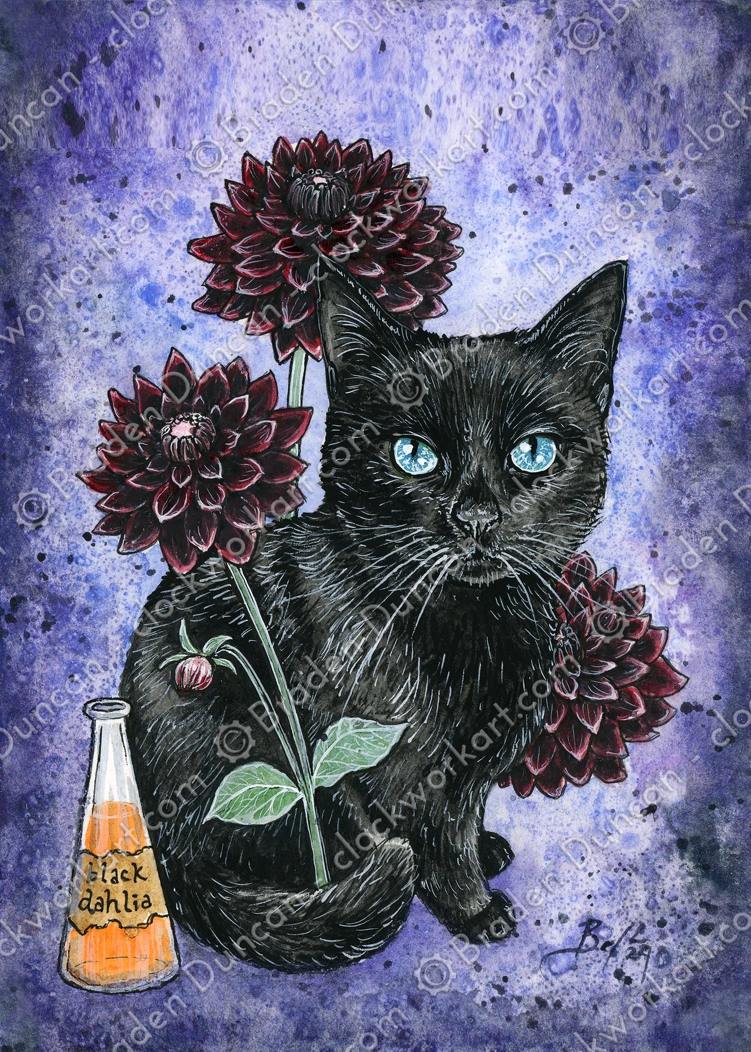 Poison Puss: Black Dahlia - Watercolour Witch Magic Nature Black