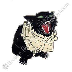 May include: A black cat with green eyes is wearing a white straitjacket and has its mouth open in a scream. The cat is depicted in a cartoon style.