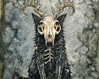 Wendig-meow: Fine Art Watercolour Black Cat Cryptid Skeleton Print