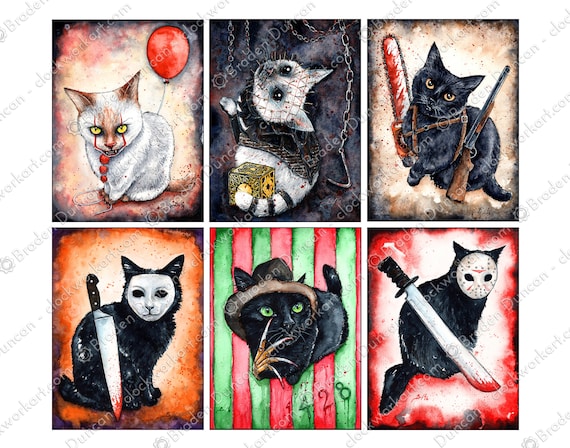 ピンヒス子猫 - 水彩画ホラー猫プリント - Etsy 日本