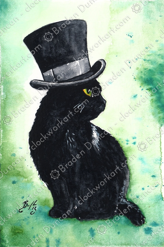 A Very Fine Hat: Fine Art Watercolour Black Cat Print