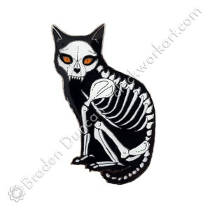 Skelekitten Glow in the Dark Enamel Pin: Watercolour Horror Black Cat Skeleton