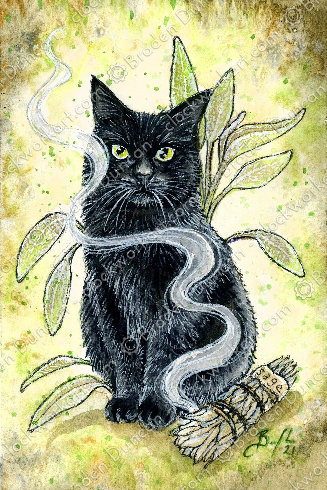Poison Puss: Sage - Watercolour Wicca Magic Nature Black Cat Poison Puss: Sage - Watercolour Wicca Magic Nature Black Cat