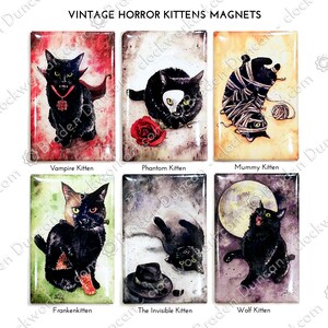 Vintage Horror Movie Monster Kitten Magnets: Watercolour Black Cat