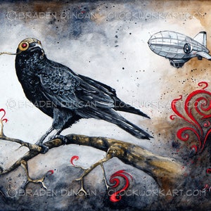 May include: A black crow with a steampunk-style headpiece perches on a branch with red swirls in the background. A silver airship flies in the top right corner of the image.