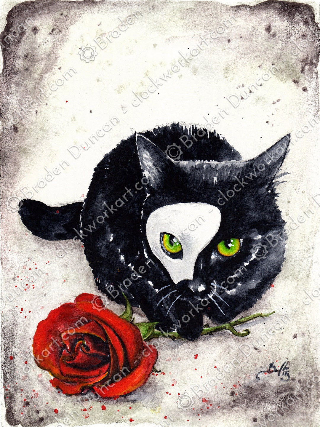 幻の子猫：水彩画による黒猫のファインアート - Etsy 日本