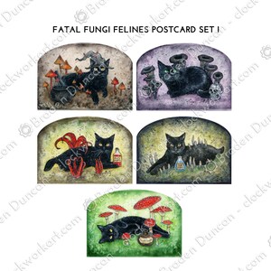 Juego de postales de hongos fatales y felinos I - Tarjetas de gato negro de la naturaleza de los hongos
