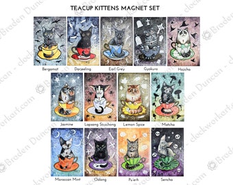 Teacup Kitten Magnets Set - Halloween Victorian Steampunk Watercolour Cats