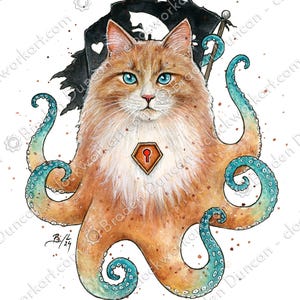 Peut inclure: Illustration à l'aquarelle d'un chat-pieuvre aux yeux bleus et à la fourrure rousse. Il possède des tentacules turquoise et un drapeau de pirate. Un trou de serrure est dessiné sur sa poitrine, sur fond blanc.