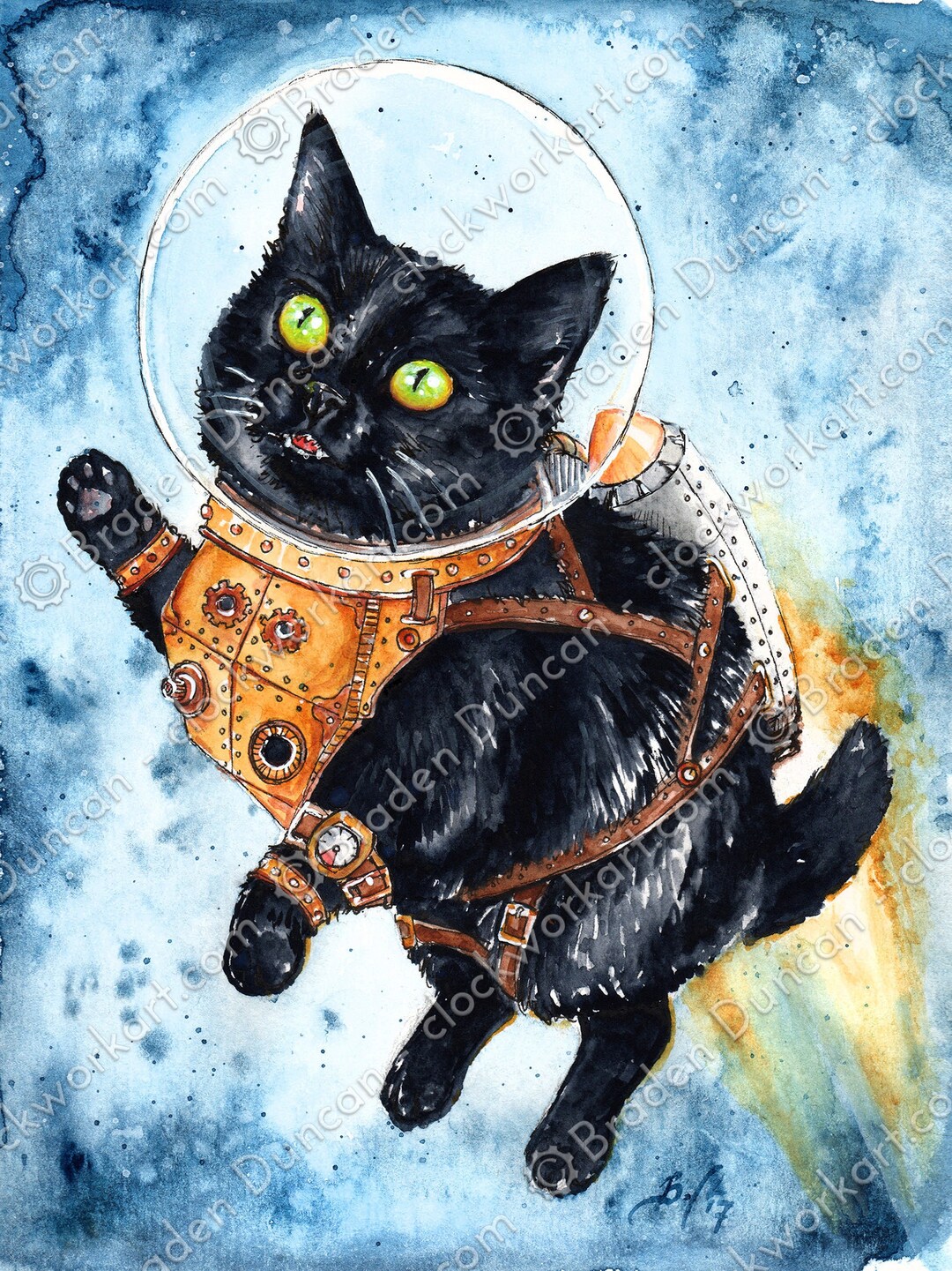 Space Cat: Fine Art aquarel zwarte kat astronaut print - Etsy Nederland