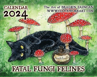 SALE! 2024 Calendar - Fatal Fungi Felines Black Cat Nature Mushrooms