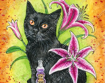 ポイズンプス：スターゲイザーリリー - 水彩画 魔女 魔法 自然 黒猫