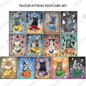 Juego de postales de gatitos en forma de taza de té: gatos de acuarela victorianos de estilo steampunk para Halloween