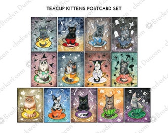 Teacup Kittens Postcard Set - Halloween Victorian Steampunk Watercolour Cats