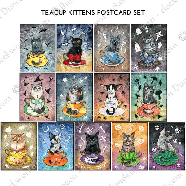 Teacup Kittens Postcard Set - Halloween Victorian Steampunk Watercolour Cats