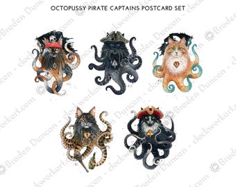 Cartões-postais da Capitã Pirata Octopussy - Cartões Steampunk de Polvo Gato