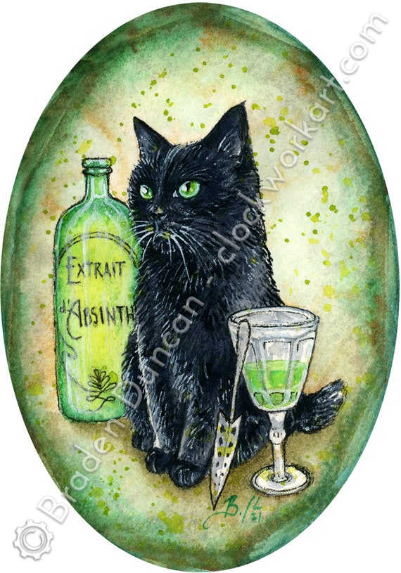 毒猫：アブサン - 水彩画 魔女 魔法 自然 黒猫 プリント - Etsy 日本