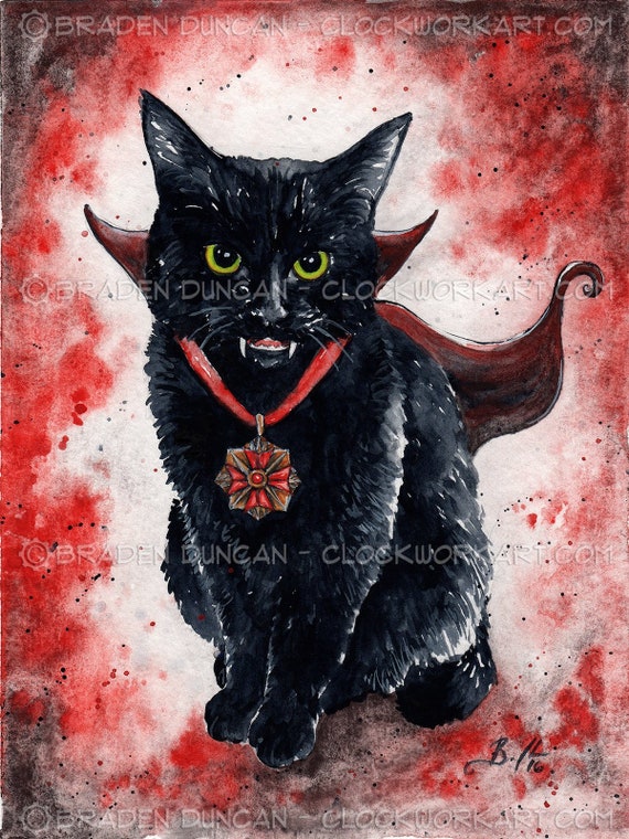 Vampire Kitten: Fine Art Watercolour Black Cat Print | Etsy