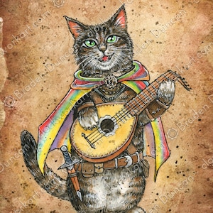 Kittenklas: Bard - Fine Art aquarel fantasie D&D kattenprint