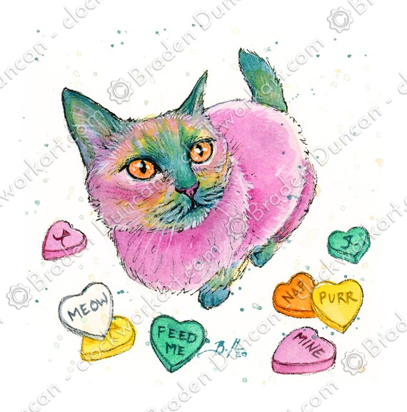 Candy Kitten Sweet Heart Watercolour Fantasy Valentine Cat Print