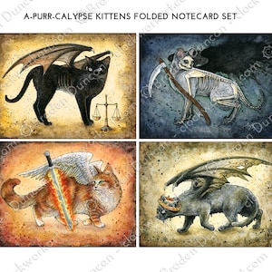 Ensemble de cartes pour correspondance pliées Les quatre chatons de la calypse A - Cartes aquarelle fine art chat