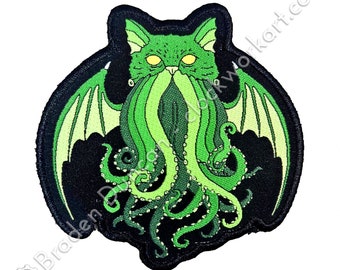 Cathulhu Iron On Woven Patch: Watercolour Horror Lovecraft Black Cat Octopus