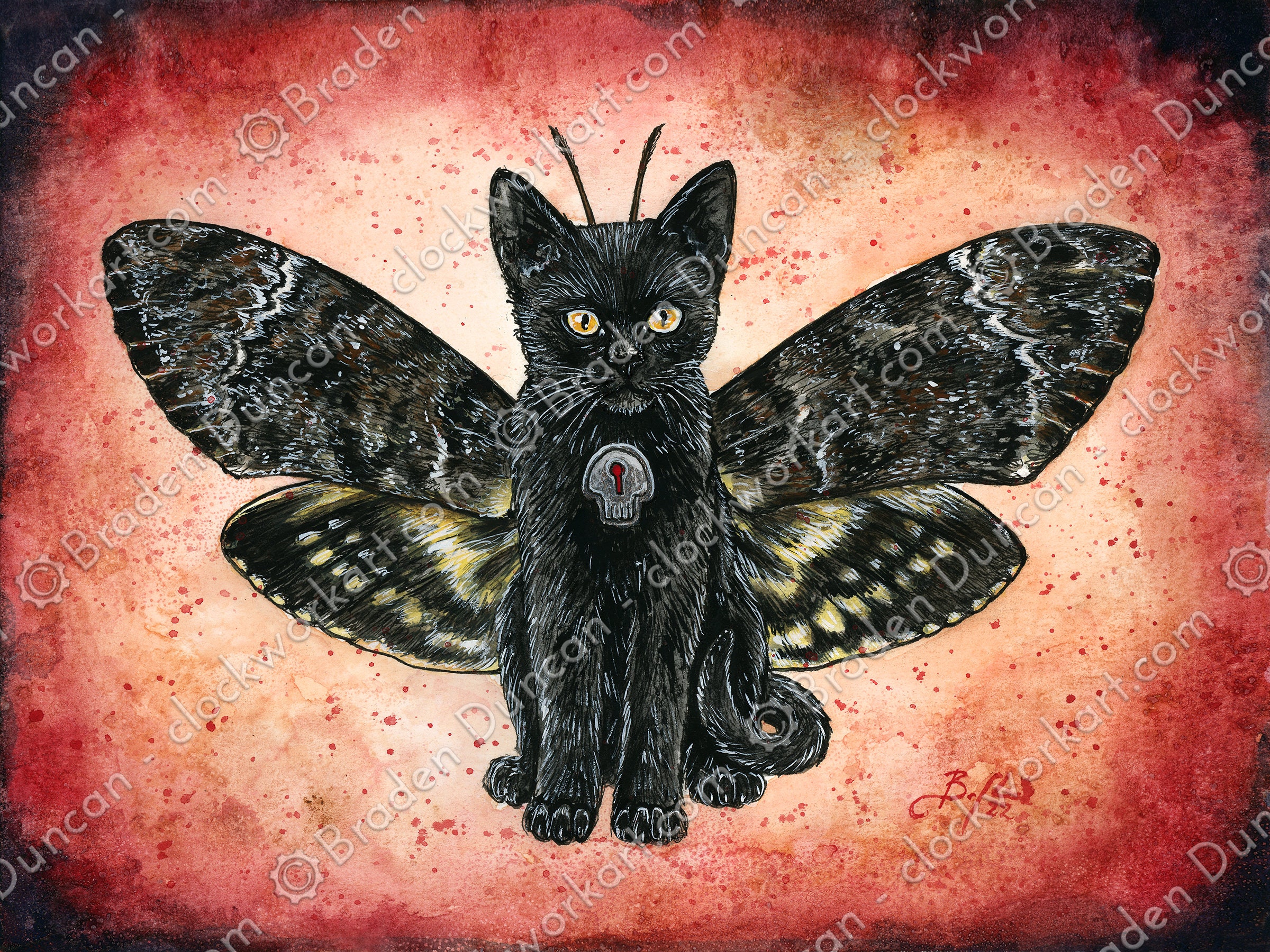 Death's Head Hawk Mothmeow - Watercolour Steampunk Moth Cat