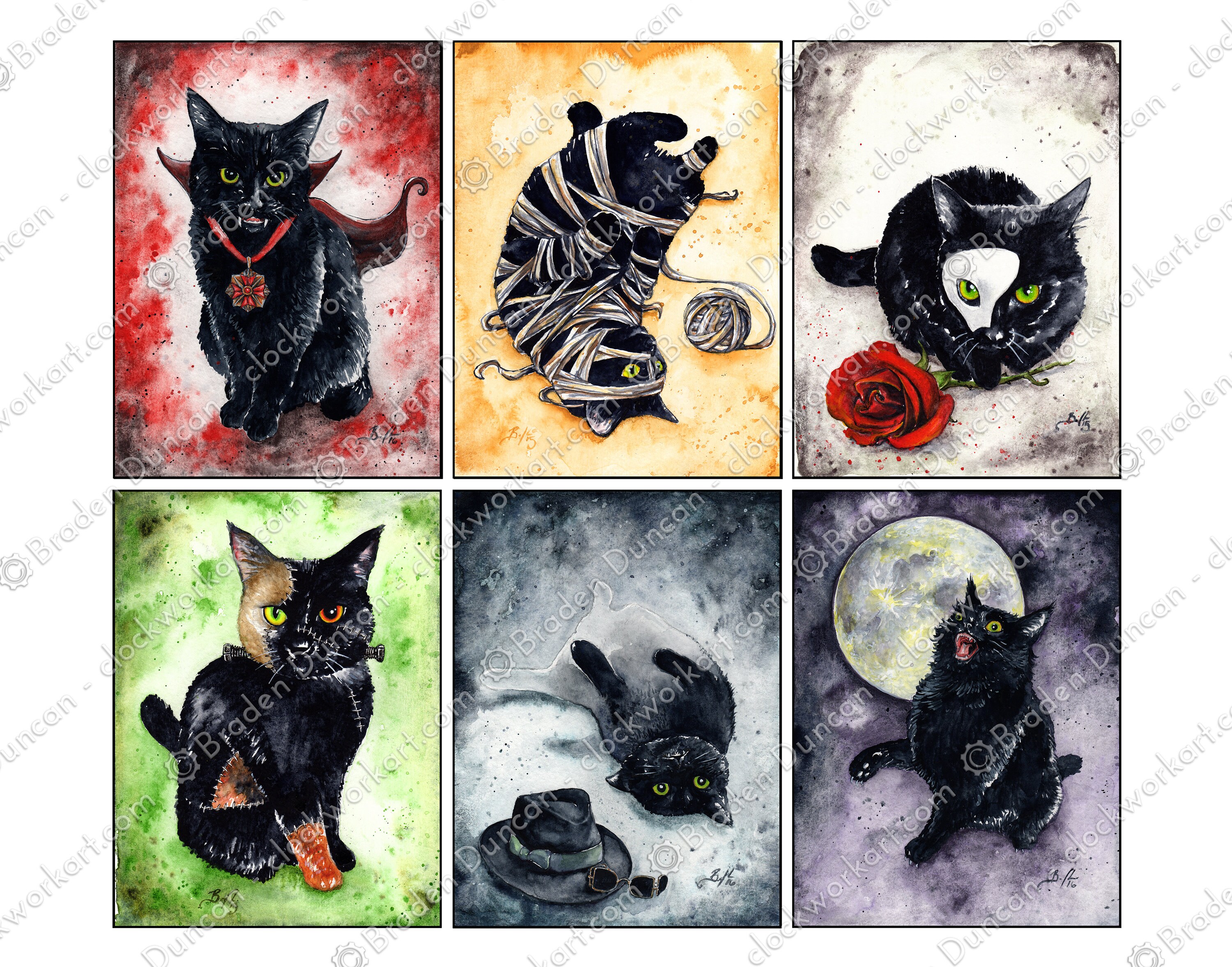 吸血鬼の子猫：水彩画による黒猫のファインアートプリント