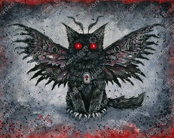Meowthman: Fine Art Watercolour Black Cat Cryptid Mothman Print