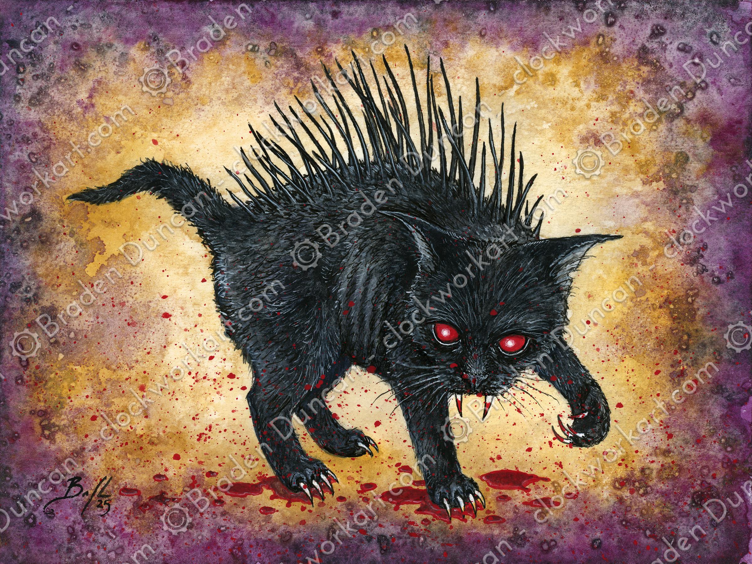 Mew-paw-cabra：水彩画による黒猫の未確認吸血鬼のファインアート