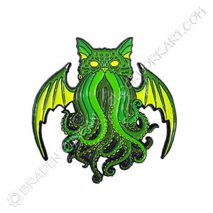 Pin de esmalte Cathulhu que brilha no escuro: Aquarela Horror Lovecraft Gato Preto Polvo