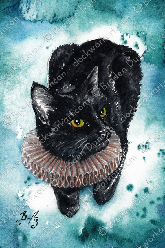 絵画 猫 猫の絵 黒猫 雑貨 猫グッズ 原画 黒にゃんこ cat art 水彩 黒 猫 水彩画 優雅な襞襟 水彩画による黒猫のファインアート - 日本