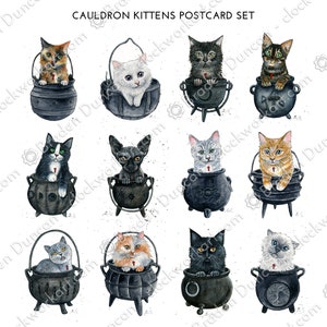 Postales de gatitos de caldero: tarjetas mágicas de gatos brujos