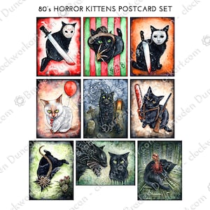 80er Horror Kätzchen Postkarten - Schwarze Katzen Halloween Karten