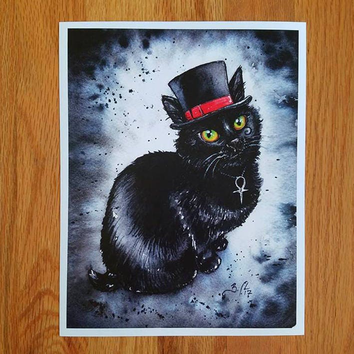 Death Kitten - Fine Art Watercolour Fantasy Black Cat Print